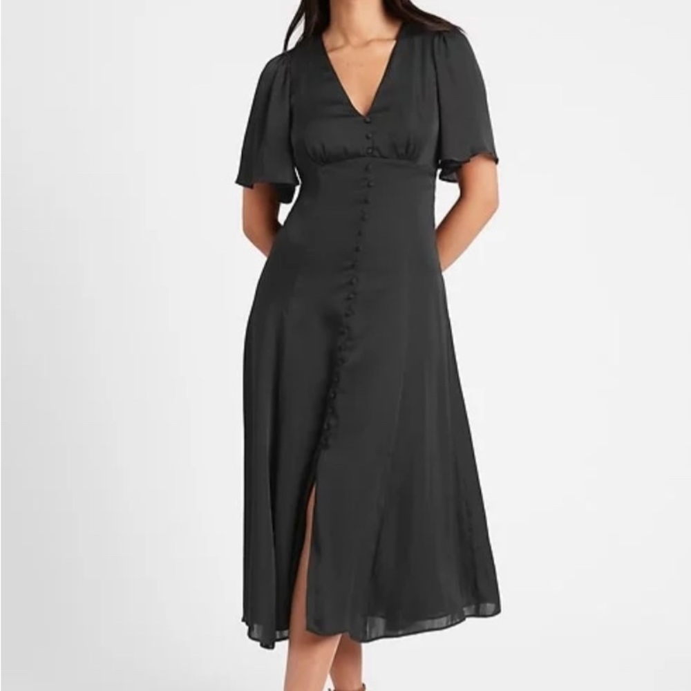 Banana Republic Black Satin Flutter-Sleeve Midi Dress, Plus Size 14 Tall